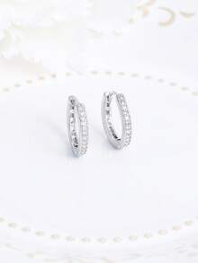 925 Sterling Silver Cubic Zirconia Hoop Earrings, Simple & Hypoallergenic Fashion Earrings For Daily Wear, Birthday Gift - Silver - View 3
