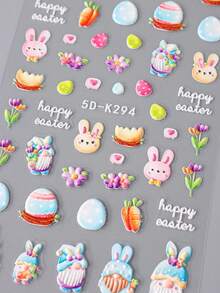 2 piezas Pegatinas de arte de uñas de 5D con huevos de Pascua y conejos de dibujos animados, pegatinas decorativas de huevos de Pascua y conejos de colores para celebración de Pascua, decoraciones de uñas con láminas de Pascua, suministros para uñas - Multicolor - Ver 4
