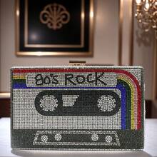 Women Retro Radio Tape-Shape Rhinestone Clutch Purse Vintage Crystal Evening Handbag Party Cocktail Shoulder Bag - 灰色 - 查看 1