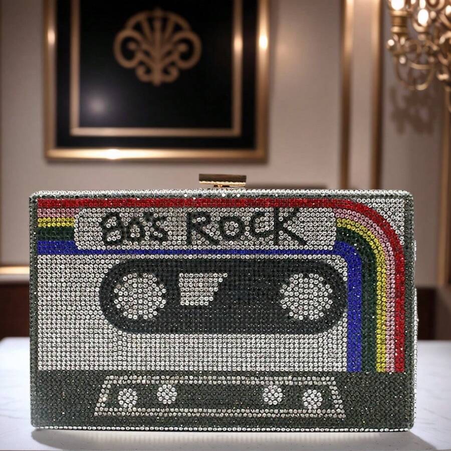 Women Retro Radio Tape-Shape Rhinestone Clutch Purse Vintage Crystal Evening Handbag Party Cocktail Shoulder Bag - 灰色 - 查看 1