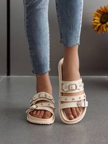 女士休闲铆钉套脚凉鞋，露趾舒适平底沙滩拖鞋 - 米色 - 查看 6