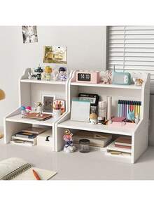 Premium Three-Tier Desktop Organizer - Space-Saving Office Supplies & Cosmetics Organizer Available In Three Sizes PVC Material Independent Design Maximum Load Capacity Per Tier: 6.61 Lbs Workspace Organizer | Stylish Storage Solution | Durable PVC Shelving - 白色 - 查看 1