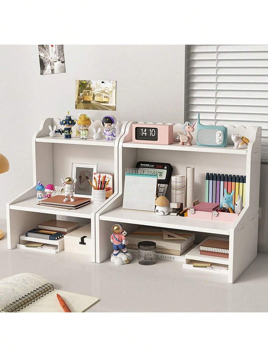 Premium Three-Tier Desktop Organizer - Space-Saving Office Supplies & Cosmetics Organizer Available In Three Sizes PVC Material Independent Design Maximum Load Capacity Per Tier: 6.61 Lbs Workspace Organizer | Stylish Storage Solution | Durable PVC Shelving - 白色 - 查看 1