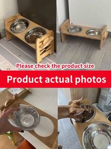 Bamboo & Wood Pet Feeder With 2 Stainless Steel Bowls, Adjustable For Small & Medium Dogs, Protects Neck