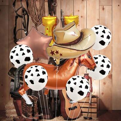 9pcs Western Cowboy Theme Balloons Decoration, Large Horse Shaped Balloons, Brown Cowboy Hat, Golden Horseshoe, Pentagram Foil Balloons, Black & White Cow Print Latex Balloons, Suitable For Birthday Party, Cowboy Theme, Event Party, Anniversary Decoration