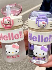 1pc 500ml Sanrio Straw Water Bottle With Cute Leak-Proof Cap And Bounce Cap, Plastic Material, Suitable For Office, Camping And Sports (Hello Kitty Pattern Needs To Be Manually Pasted According To Personal Preference)
