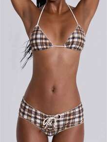 Women's Plaid Bikini Set Cute Swimwear For Summer Beaches Strappy Triangle Bottom Swimsuit Cruise Travel Halter Neck Slimming Swimwear - Cà phê nâu - Xem 1