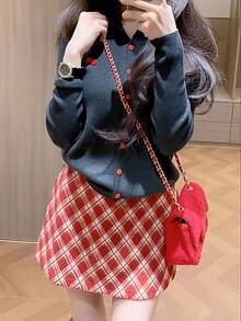 Y6Y Spring New Red Plaid High Waist Slimming Women Skirt - Red - View 6