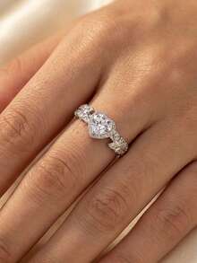 1pc Elegant Cubic Zirconia Heart Shaped Decorative Ring For Women, Wedding, Party, Daily Wear, Copper Material, Non-Fading, Non-Allergic, Great Gift For Lover, Mother - Silver - View 1