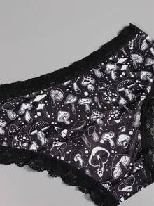 Dircho 5pcs Women's Mystic Print Briefs Set & Celestial & Mushroom & Deer Pattern & Black Lace Trim & Soft Fabric & Dark Tone Scheme & Daily Comfort Underwear & Enchanting Casual Style - Multicolor - View 11