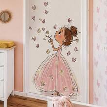 1张公主主题儿童卧室墙贴，卡通女孩身穿粉色连衣裙，手捧鲜花和爱心，适合婴儿房/游戏室DIY家居装饰墙贴 - 彩色 - 查看 2