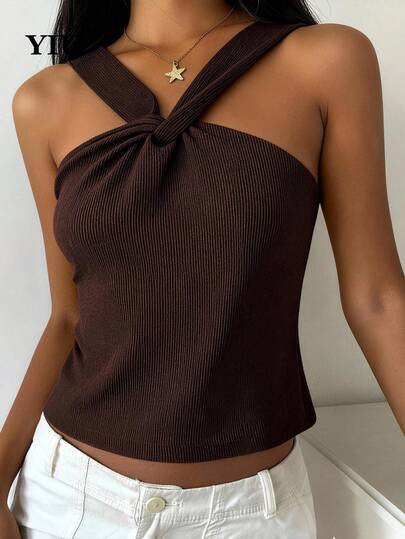 YIU Women's Sleeveless Ribbed Polyester Tank Top, Twist Detail Design, Regular Length Straps, Vacation Outfit, New Summer Item For Women