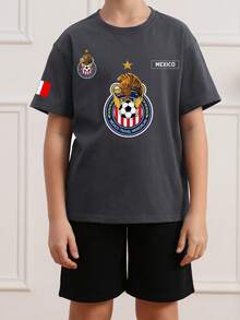 1 pieza Camiseta de manga corta casual estampada para niños preadolescentes, top de verano para estudiantes jóvenes - Gris Oscuro - Ver 2