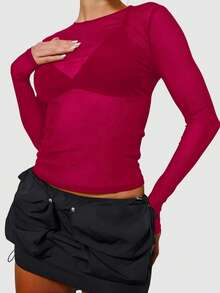 ADAMAS ATACADISTA Women's Long Sleeve Tulle Blouse With Sheer Detail - Redwood - View 2