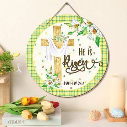 1pc He Risen Easter Sign, Spring Wreath Sign, Round Wooden Sign, Round Wreath, Garland Accessories, Easter Decoration, Front Door Decoration, Farmhouse Decoration, Home Decoration, Wall Hanging