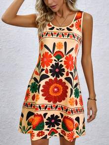 Women's Sleeveless Mini Dress - Printed Round Neck Casual Everyday Dress Flowy Summer Everyday Dress Women's Spaghetti Strap Beach Dress Relaxed Short Dress - Multicolor - View 2