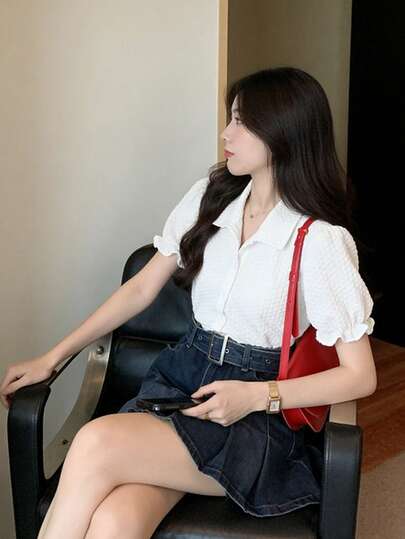 泡泡袖褶皱 Polo 领宽松短袖衬衫