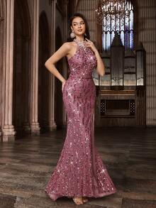 Vestido de noche elegante para mujer con perlas, con adornos de lentejuelas brillantes, adecuado para ocasiones formales como galas, fiestas de graduación, fiestas de cumpleaños, fiestas de cóctel, vestido largo con espalda descubierta y abertura alta en un solo color sin mangas