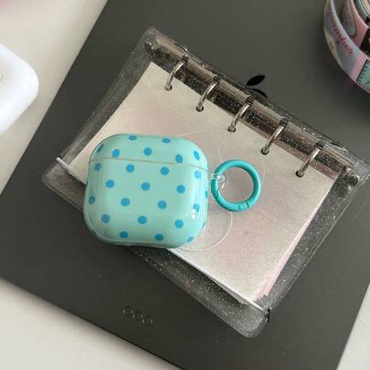 Korean Style Simple Blue & Green Polka Dot Earphone Case With Hanging Ring, Cute Protective Cover Compatible With Apple Pro 2, Pro, 3, 1/2, Suitable For Women