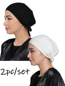 1pc/2pcs/3pcs Women's Elastic Tie-Back Solid Color Basic Hijab Caps, Modal Hijab Caps, Adjustable Jersey Wraps,Suitable Hijabi - Multicolor - View 4