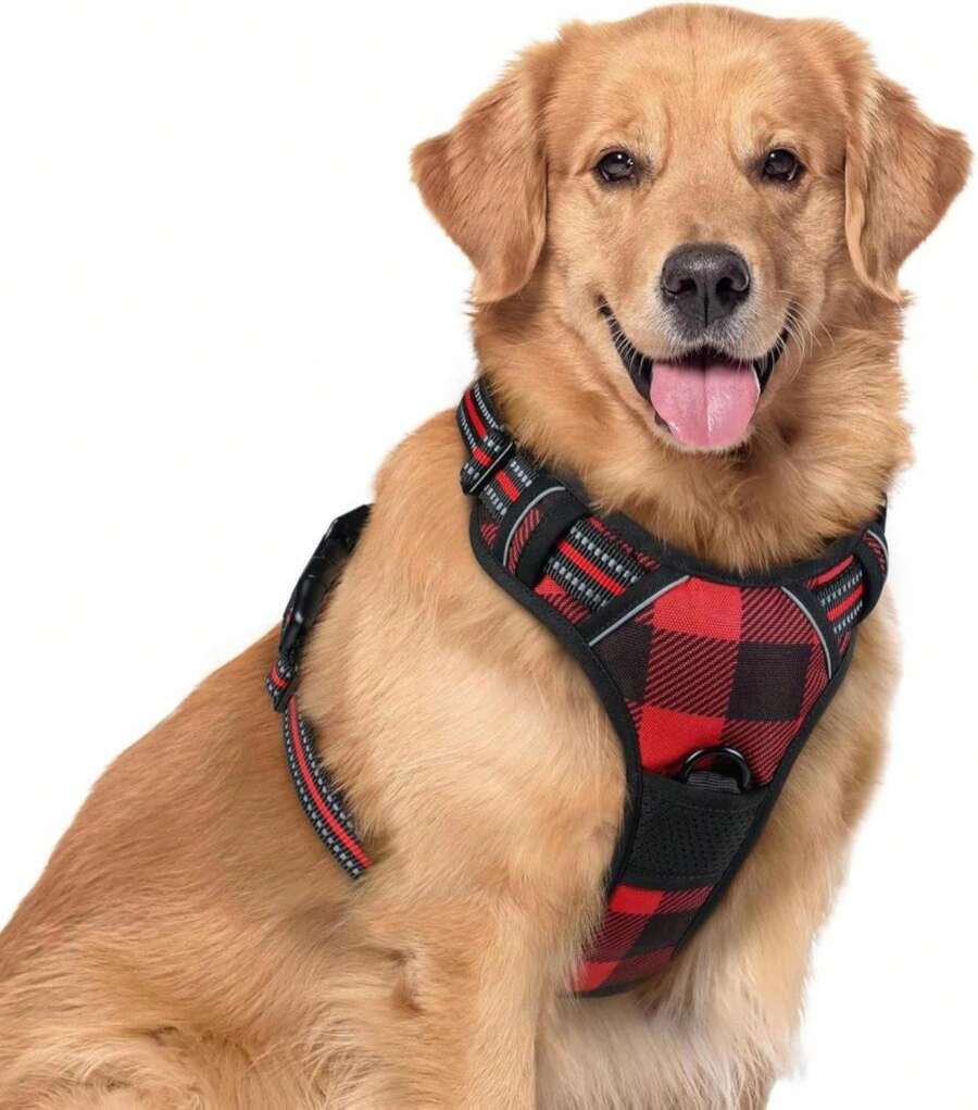 Rabbitgoo Dog Harness No Pull With 2 Leash Clips, Adjustable Soft Padded, Reflective Oxford No Choke Pet Vest With Easy Control Handle For Large Dogs, Red Plaid, XL - ColorL - 查看 1