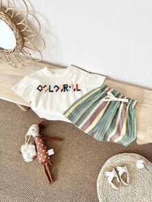 Bộ 2 món cho bé sơ sinh/trẻ nhỏ, áo thun ngắn tay in họa tiết phồng và quần short kẻ sọc, thích hợp cho mùa xuân/hè. - màu xanh lá - Xem 3