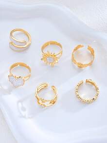 6件套时尚简约优雅花朵、心形、星星、月亮、太阳装饰鸡尾酒戒指套装，适合海滩、派对、婚礼、生日、日常佩戴（无包装盒） - 金黃色 - 查看 5