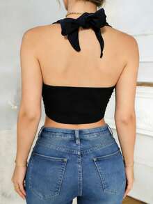 Svart Ärmlös Camisole Bustier - Djup V-ringad Casual Vest - Svart - Visa 7