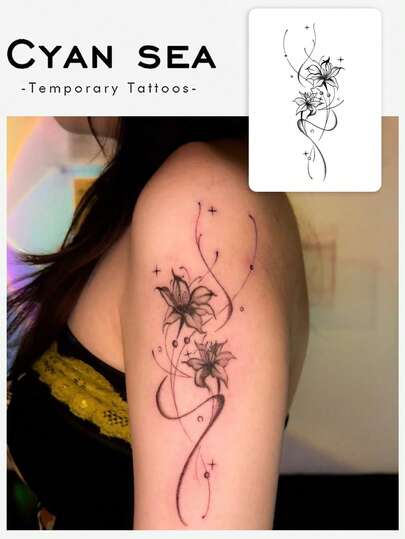 Waterproof, Sweatproof, Washable, Non-Reflective Temporary Tattoo Stickers, One Sheet. Valentine's Day Ink Painting Style Lilies, Blooming Gracefully, Elegant And Sophisticated, High-End Tattoo Stickers Suitable For Trendsetters.