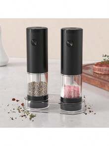 1/2件套电动胡椒研磨器，带收纳底座，自动黑胡椒研磨器，不锈钢胡椒盐研磨器，电池供电，透明容器，研磨粗细可调，单手操作，厨房必备，厨房礼品，节日礼品