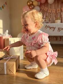 Infant Baby Girl Birthday Romper Letter Embroidery Bow Print Short Sleeve Ruffled Round Neck Bodysuit - Pink - View 3