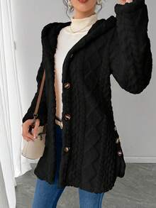 Fuzzy Hooded Coat Women Quilted Texture Button Front Warm Outerwear,Quilted Warm Outerwear Button Front - 黑色 - 查看 5
