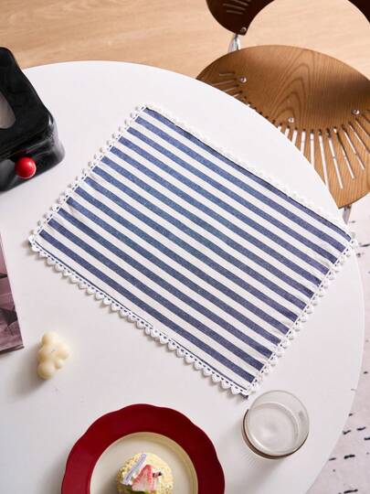 1/2/4/6pcs Blue Striped Lace Trim Napkins, Nordic Minimalist Style Placemats For Living Room, Dining Table, Cups, Bowls, Plates, Suitable For Holidays, Parties, Birthdays, Weddings, Offices, Coffee Tables, Home Decor, Photography Backdrops, All Seasons