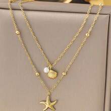 2件套沙滩风海星贝壳珍珠项链套装，波西米亚风饰品，适合度假和夏季穿搭，精致叠戴项链，沙滩配饰