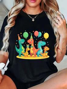 Women's Dinosaur Print T-Shirt Autumn High-Quality Fabric Round Neck Loose Fit Comfortable Casual New Arrival - Black - View 1