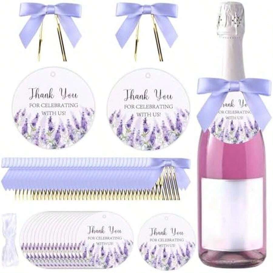 50 Set Blue Hydrangea Champagne Bottle Tags For Wedding Thank You Wine, Thank You Labels With Twist Tie Bows And Ribbon For Baby Bridal Shower, Birthday, Wedding, Party Supplies Gifts - 紫薰衣草 - 查看 1