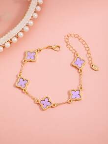 2pcs Fashionable, Elegant, Sweet & Cute Clover, Hollow Clover Chain Bracelets For Women - White and Purple Four-leaf Clover Bracelet - View 5