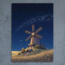 1pc Dutch Windmill Under Dreamy Starry Sky Canvas Print -  Wall Art,  Nighttime Landscape With Golden Wheat Fields, Perfect For Home Decor, Living Room, Or Office, Windmill Decor - 彩色 - 查看 4