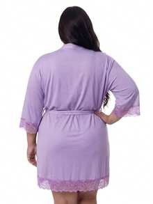 Women's Plus Size Robe In Romantic With Lace Detail And Satin Bow Luxury Comfortable Violet - 中紫紅色 - 查看 2