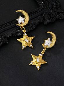 1 Pair Star & Moon Earrings, Unique Niche Design, Elegant Luxury Aesthetic, Suitable For Eid Festival, Cute & Delicate Earrings - Yellow Gold - View 5