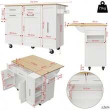 Modern Kitchen Island Table, Kitchen Cabinet, Self-Service Cabinet, Grained Wood Dining Cart, Multifunctional Dining Table With Storage Space, Dining Cart With Snack Holder And Extendable Functional Cabinet, White - White - View 2