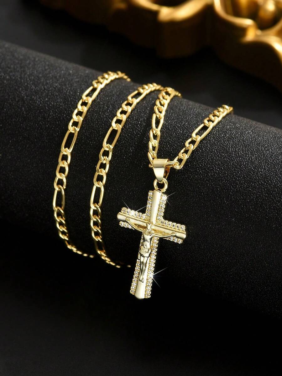1pc Fashionable Luxury Zirconia Inlaid Jesus Cross Pendant Necklace, Minimalist Sparkling Unisex Jesus Necklace, Christian Element Versatile Personalized Jewelry, Suitable For Daily Wear And Holiday Gifts