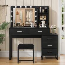 Tocador Minimalista Moderno con 5 Cajones y Estantes de Exhibición; Tocador con Silla de Tocador, Adecuado para Dormitorio, Vestidor o Sala de Estar - Negro - Ver 2