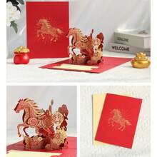 1张3D立体马年贺卡，2026农历新年3D马图案贺卡，带信封，寓意吉祥，象征好运、财富、生日，适合各种场合 - 彩色 - 查看 6