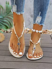 New Spring/Summer Fashion Women Strap Slippers, Stylish Casual Roman Style Slip-On Sandals In Black, Beige, Brown, Solid Color Woven Comfortable Beach Sandals, Blogger Recommended Thick-Sole Sandals, Summer Beach Shoes, Elegant Buckle Low-Heel Round Toe Slides, Odor-Resistant Anti-Slip Cotton Fabric Beaded Decor Simple Outdoor Slippers, Versatile Flat Slip-On Women Flat Sandals - White - View 4
