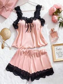 2pcs Women's Sexy Lingerie Set, Lace Trim Ruffle Top And Lace Panty, Comfortable Sleepwear Intimate Apparel