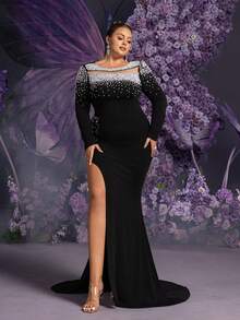 Faeriesty 大码女士黑色长袖鱼尾连衣裙，珍珠点缀镂空设计，高开衩剪裁 - 优雅正式的冬季派对、晚宴、婚礼宾客及鸡尾酒会礼服 - 黑色 - 查看 4