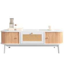 Coffee Table - Rattan Coffee Table, Drawers With Rattan And Sliding Doors With Solid Wood Slats, Solid Wood Legs, Natural Country Style.