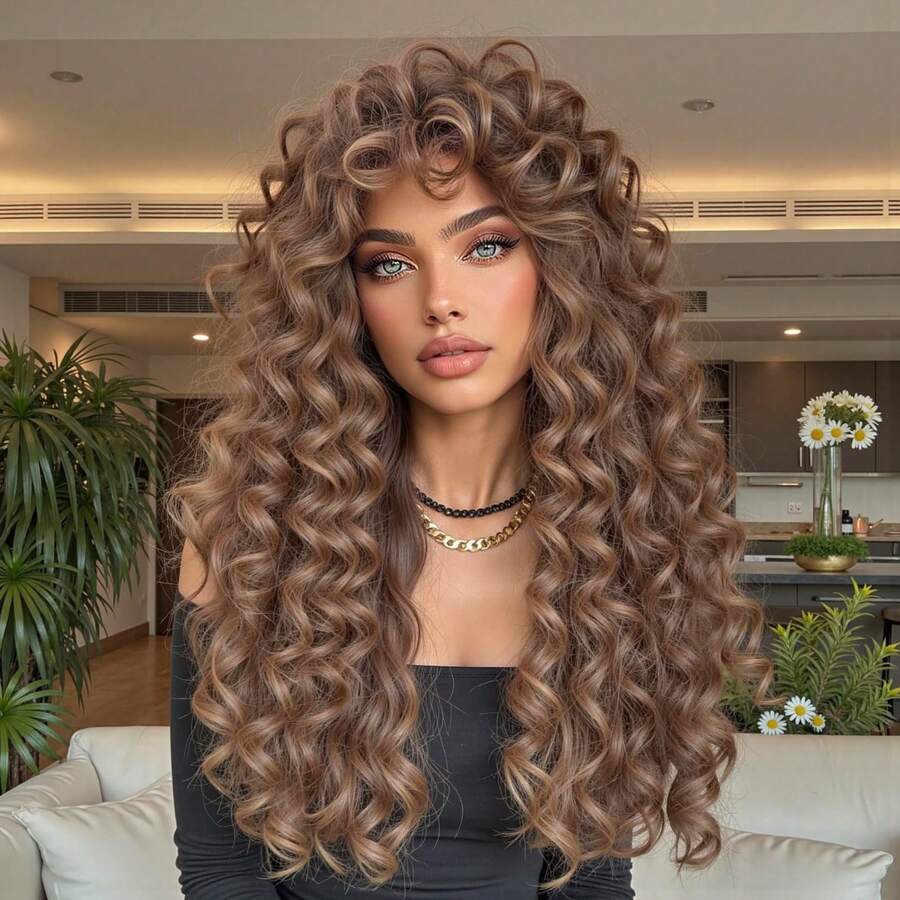 24英寸卡其色卷发假发，金色波浪亚麻假发，合成长卷发假发。合成耐热假发，蓬松卷发，带刘海，18英寸渐变金色化学纤维假发，刘海假发，日常佩戴方便，新手友好，蓬松大卷发，适合万圣节和角色扮演，用途广泛，可用于日常、派对、角色扮演、节日和音乐节等场合，风格优雅，时尚必备单品。 - 卡其色 - 查看 1