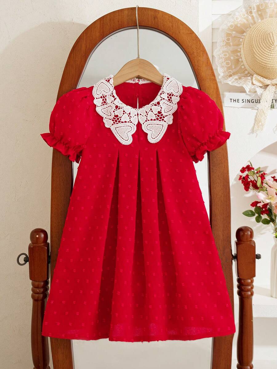 Young Girls' Valentine's Day Solid Color Heart Ruffle Collar Puff Sleeve Dress - Red - View 1